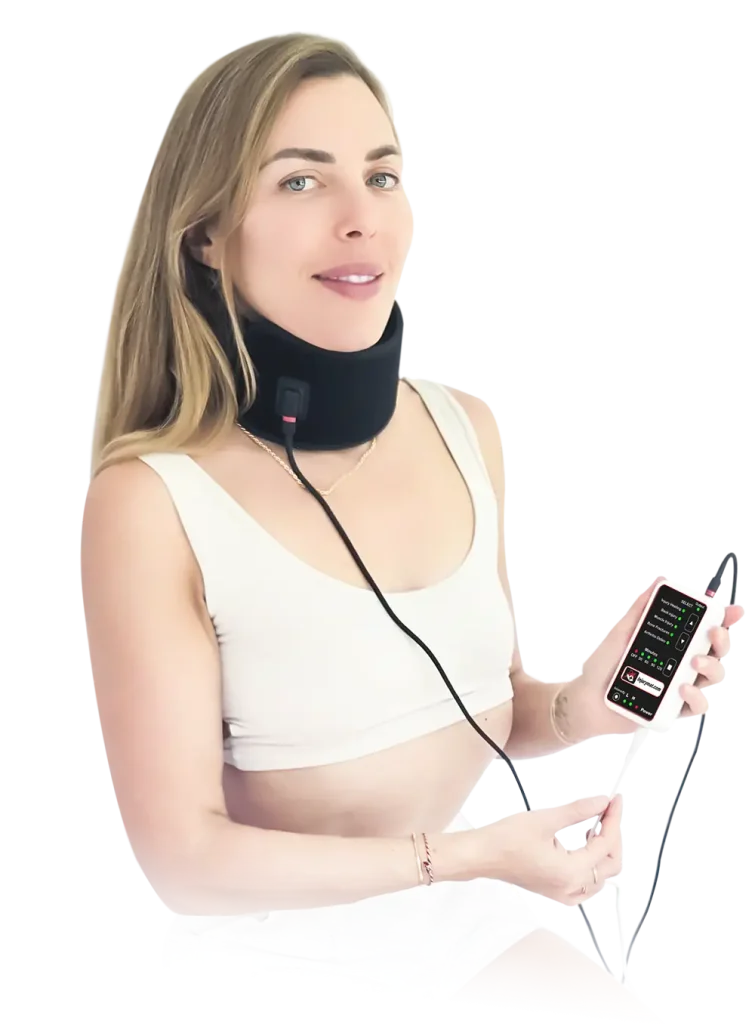 Woman wearing the Injurymat neck mat and holding its controller